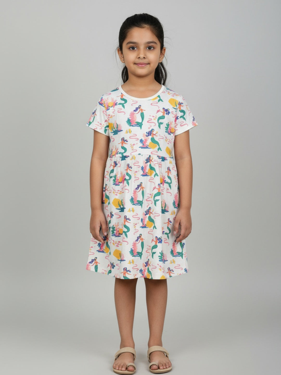 Biglilpeople Girls Mermaid Print Short Sleeves Knee Length A-Line Dress