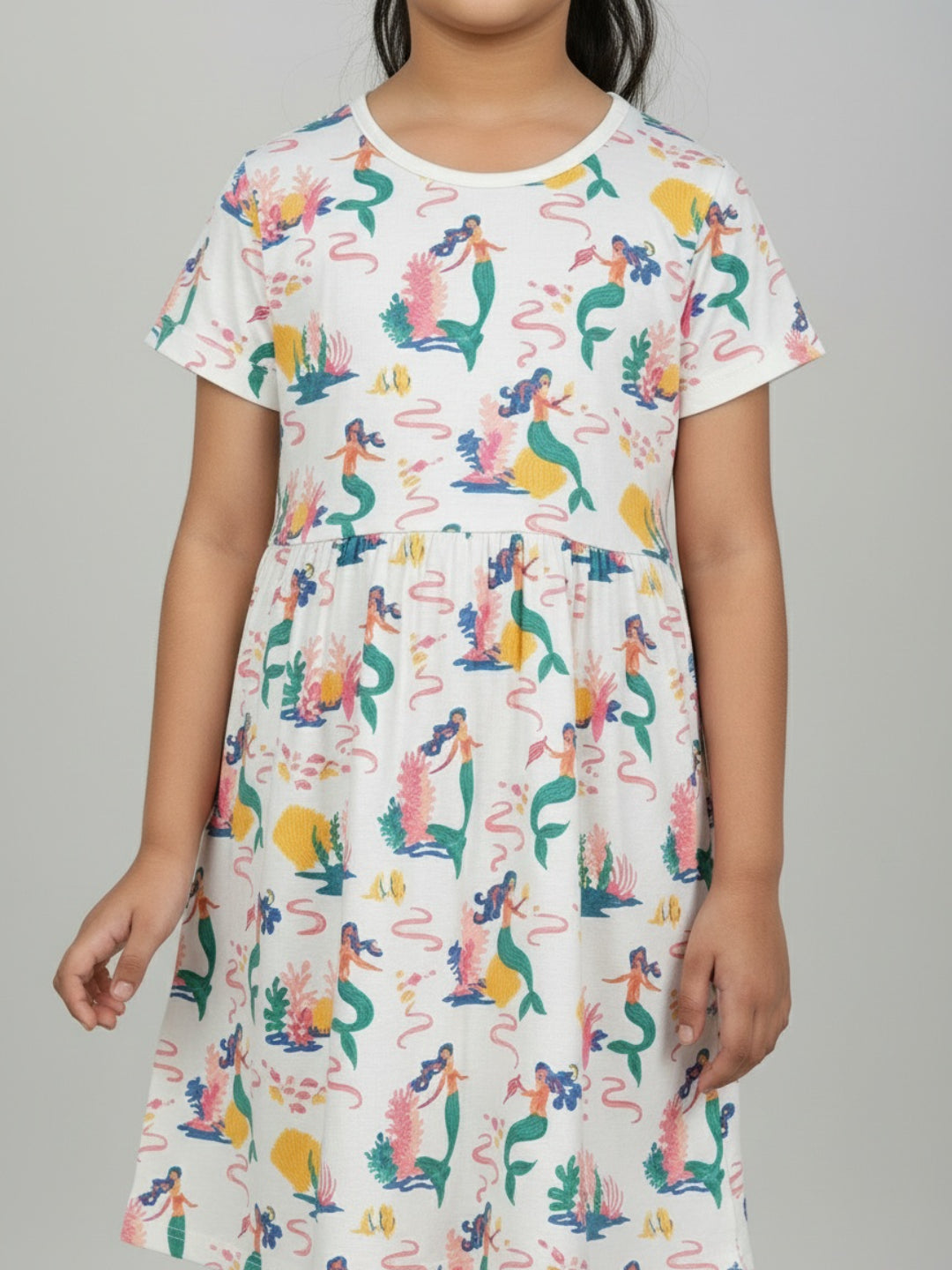 Biglilpeople Vestido de sirena para niñas con estampado de sirena, manga corta hasta la rodilla, corte A