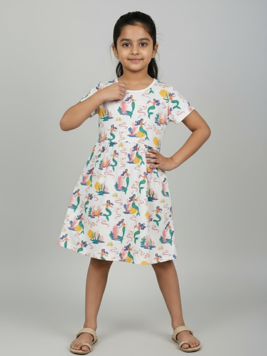 Biglilpeople Girls Mermaid Print Short Sleeves Knee Length A-Line Dress