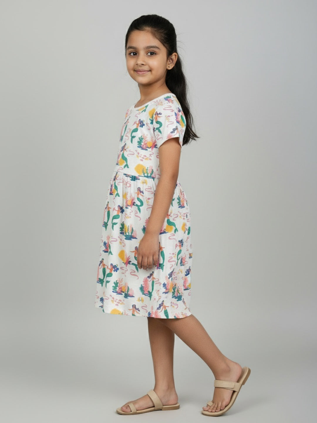 Biglilpeople Girls Mermaid Print Short Sleeves Knee Length A-Line Dress