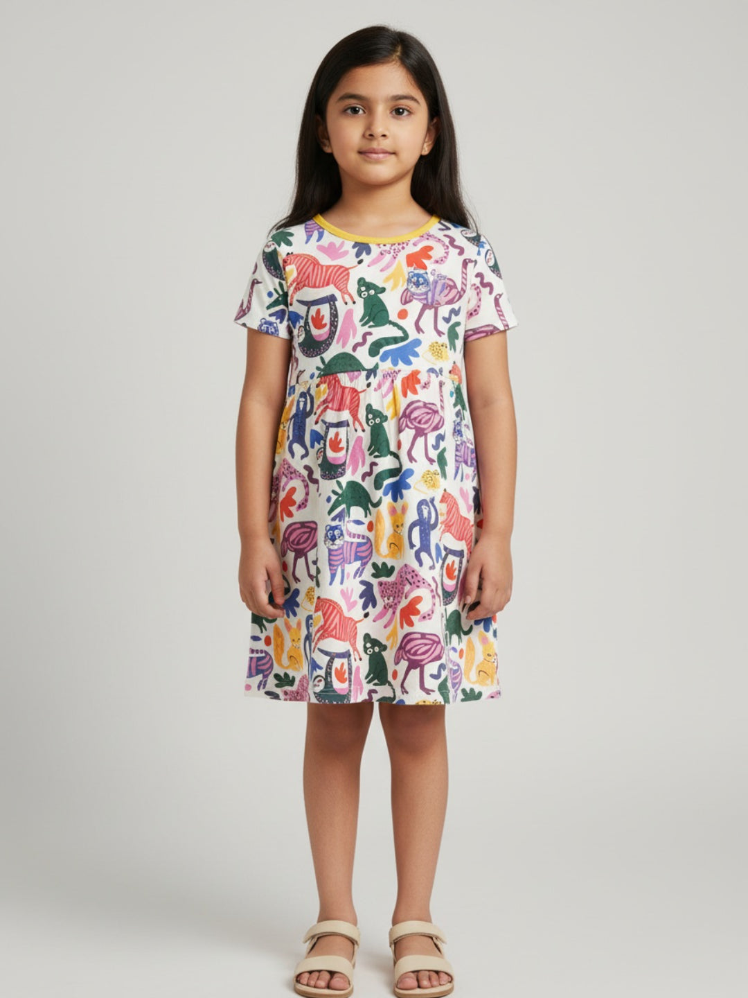 Biglilpeople Vestido de niña acampanado con estampado, manga corta y hasta la rodilla