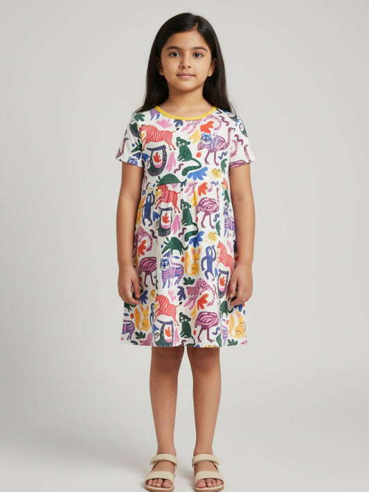 Biglilpeople Girls Printed Short Sleeves Knee Length A-Line Dress