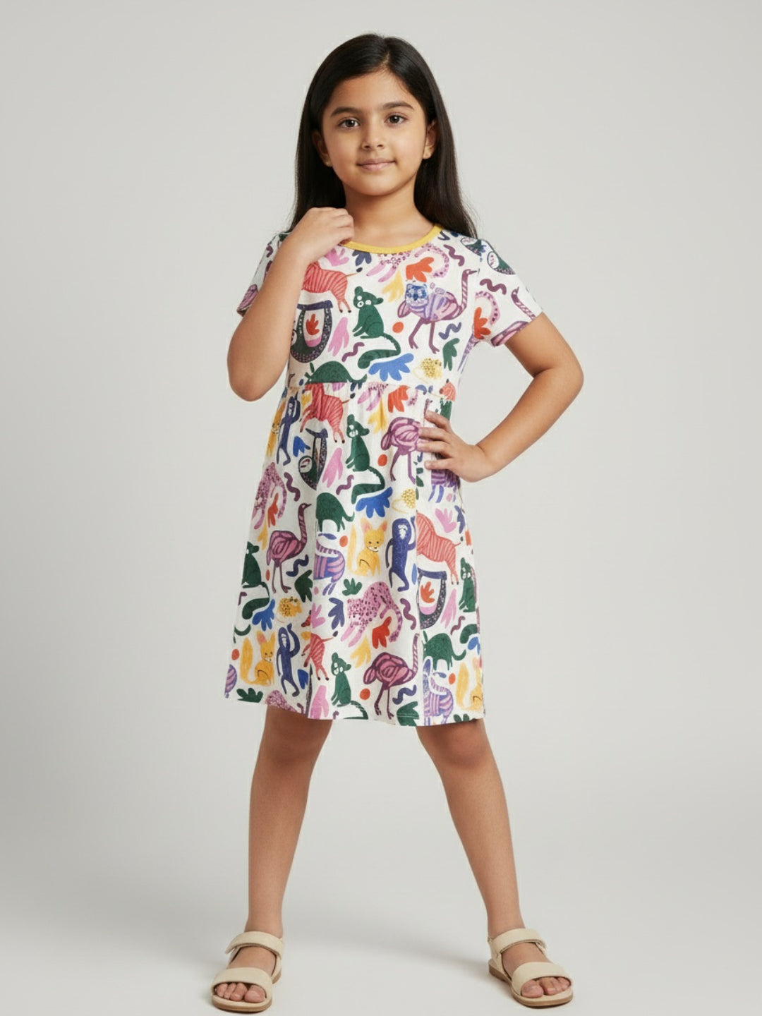 Biglilpeople Vestido de niña acampanado con estampado, manga corta y hasta la rodilla