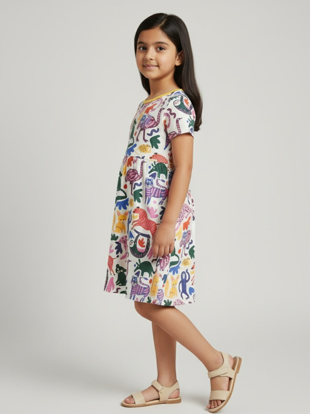 Biglilpeople Girls Printed Short Sleeves Knee Length A-Line Dress