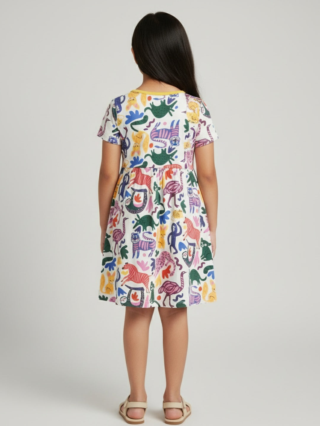 Biglilpeople Vestido de niña acampanado con estampado, manga corta y hasta la rodilla