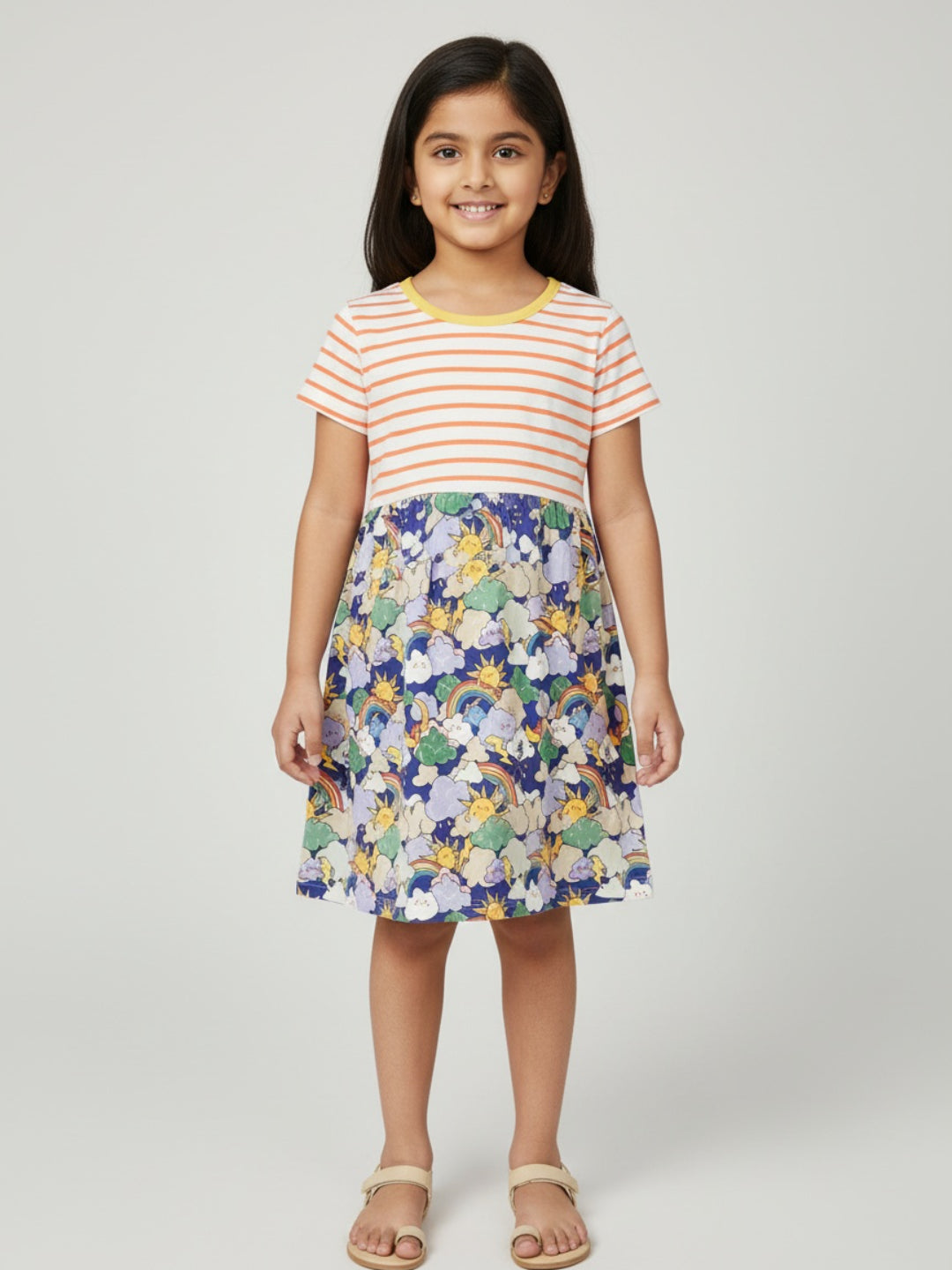 Biglilpeople Girls Rainbow Print Short Sleeves Knee Length A-Line Dress