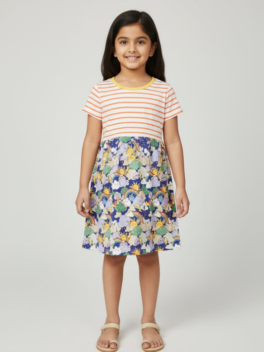 Biglilpeople Girls Rainbow Print Short Sleeves Knee Length A-Line Dress