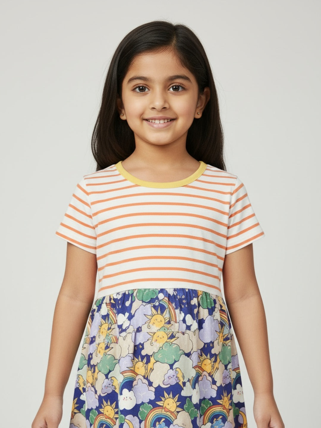 Biglilpeople Girls Rainbow Print Short Sleeves Knee Length A-Line Dress