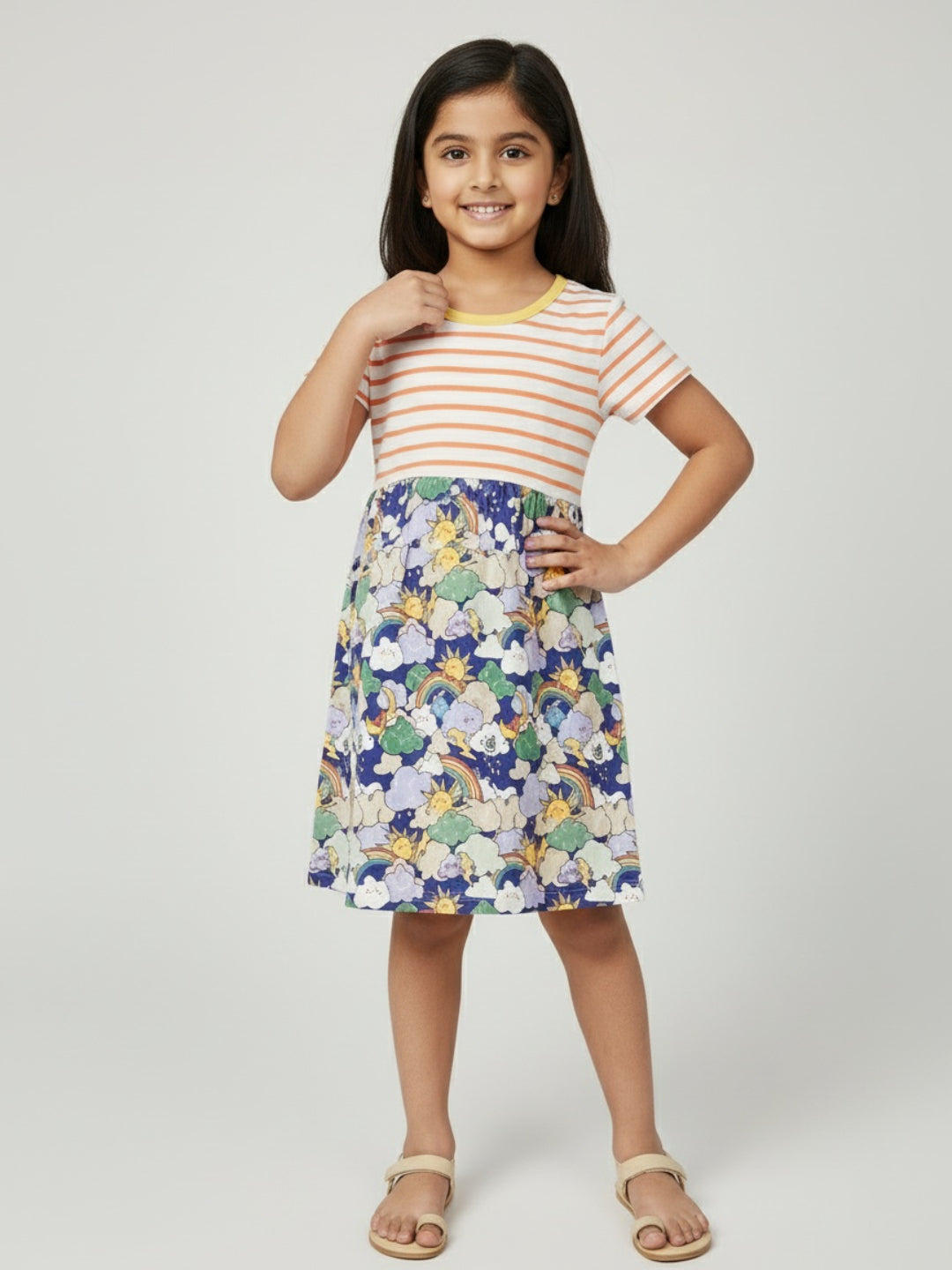 Biglilpeople Girls Rainbow Print Short Sleeves Knee Length A-Line Dress