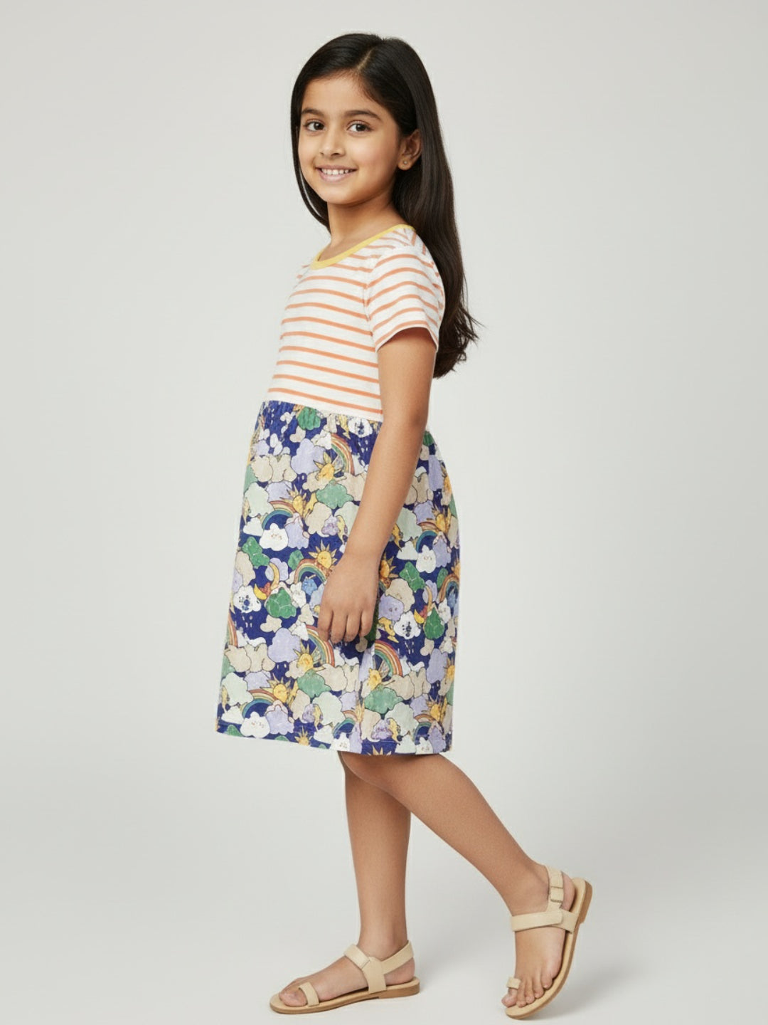 Biglilpeople Girls Rainbow Print Short Sleeves Knee Length A-Line Dress