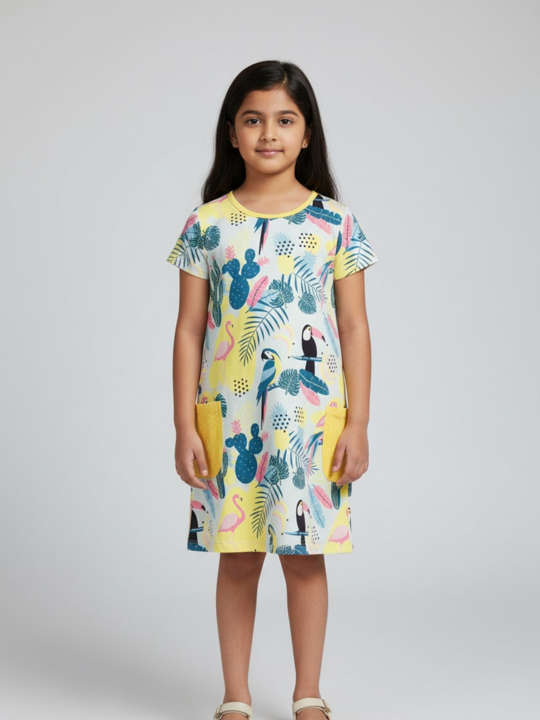 Biglilpeople Girls Flamingo & Tropical Print Short Sleeves Knee Length A-Line Dress