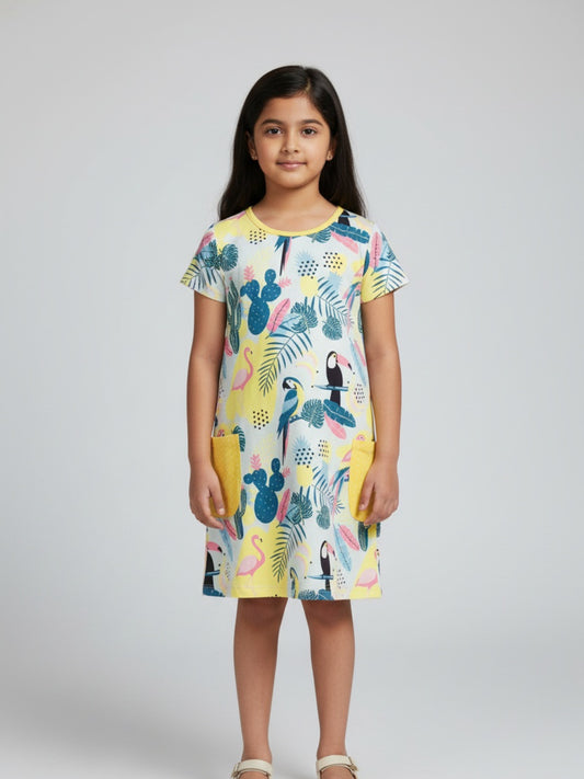 Biglilpeople Girls Flamingo & Tropical Print Short Sleeves Knee Length A-Line Dress