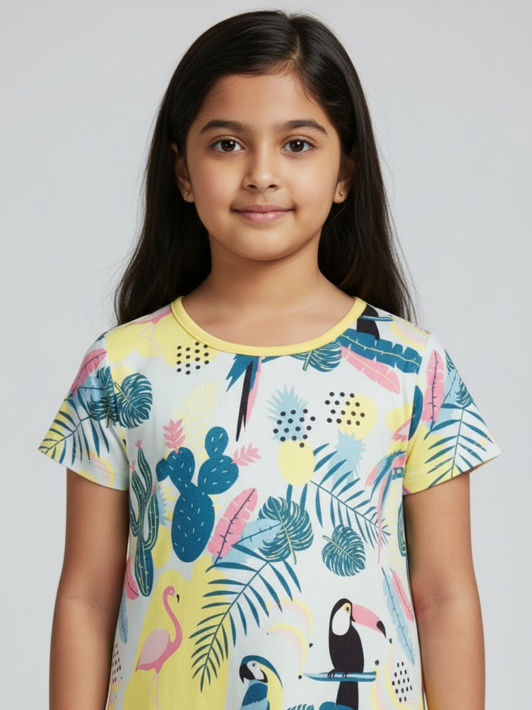 Biglilpeople Girls Flamingo & Tropical Print Short Sleeves Knee Length A-Line Dress