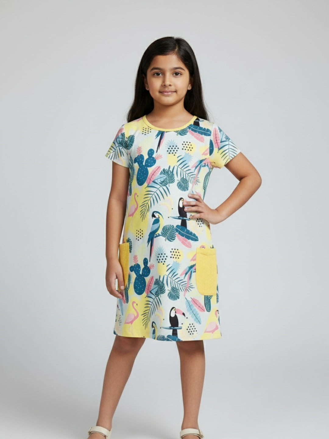 Biglilpeople Girls Flamingo & Tropical Print Short Sleeves Knee Length A-Line Dress