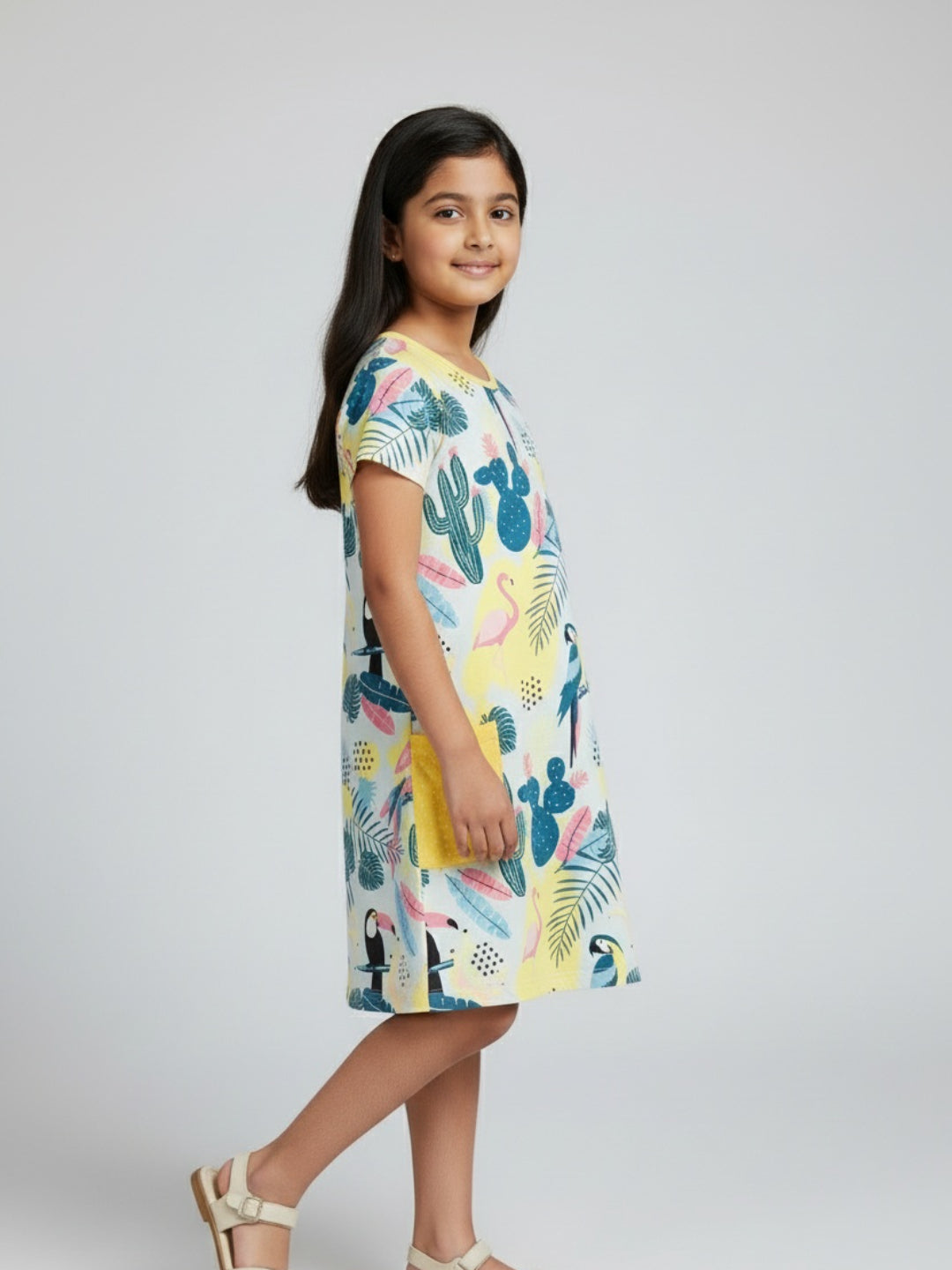 Biglilpeople Girls Flamingo & Tropical Print Short Sleeves Knee Length A-Line Dress