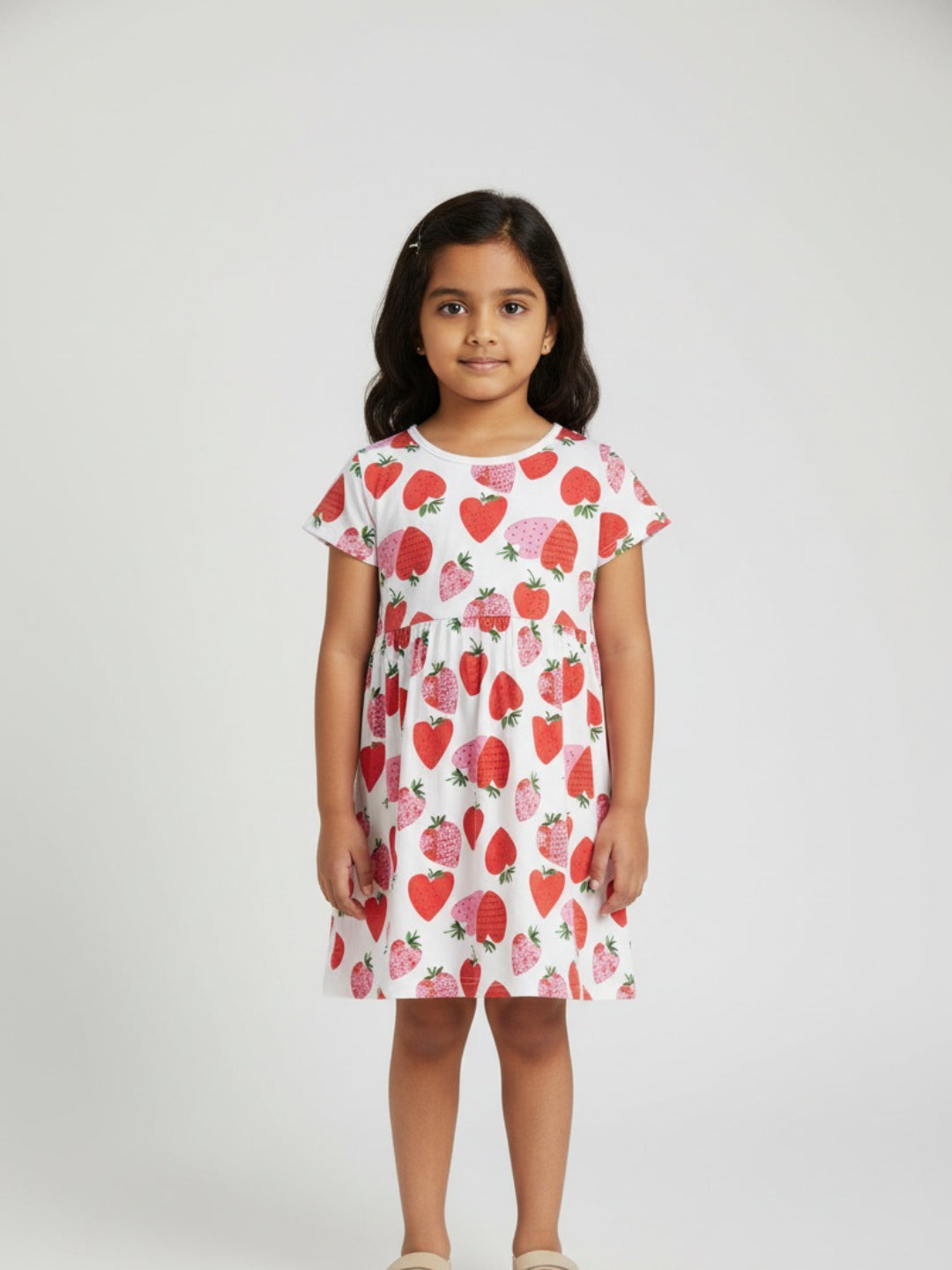 Biglilpeople Girls Strawberry Print Short Sleeves Knee Length A-Line Dress