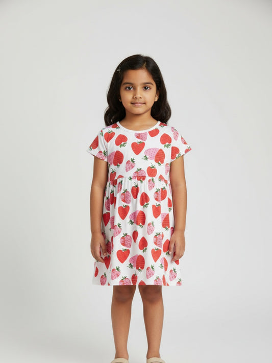 Biglilpeople Girls Strawberry Print Short Sleeves Knee Length A-Line Dress