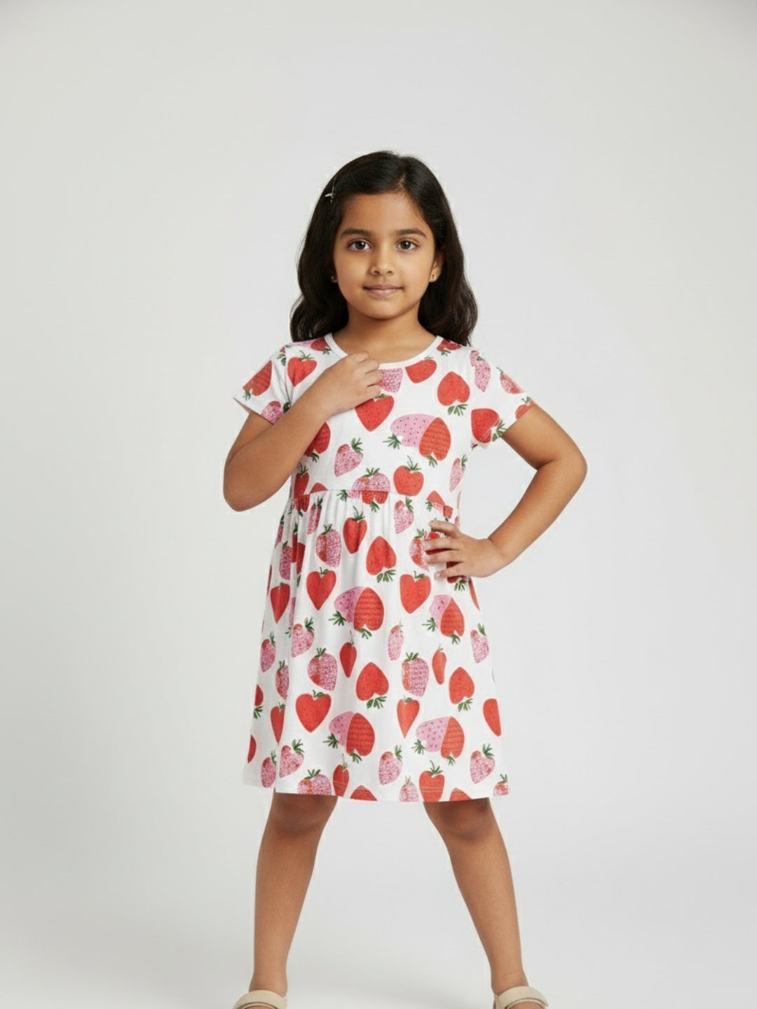 Biglilpeople Girls Strawberry Print Short Sleeves Knee Length A-Line Dress