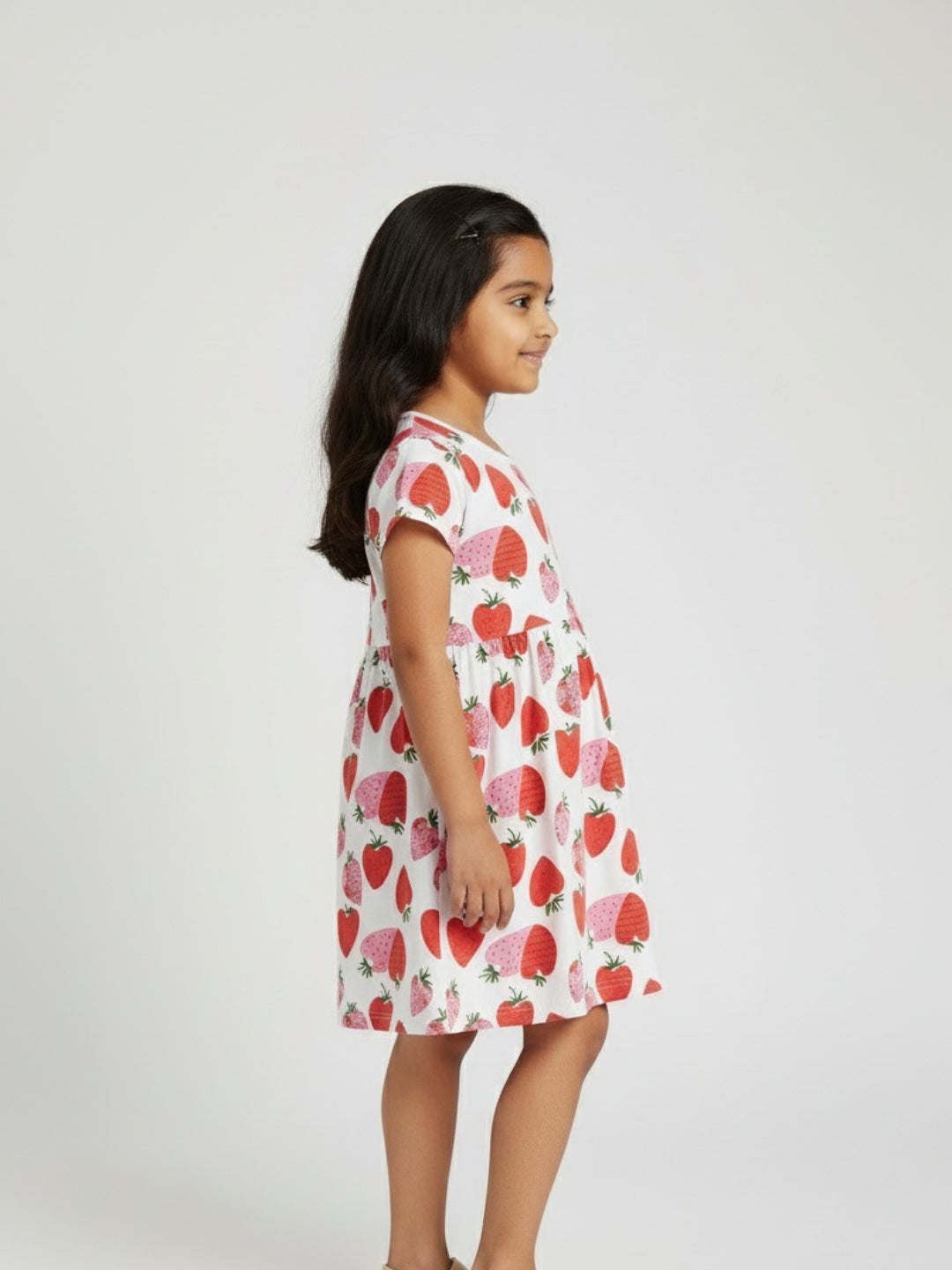 Vestido de niña Biglilpeople con estampado de fresas, manga corta, largo hasta la rodilla, corte en A