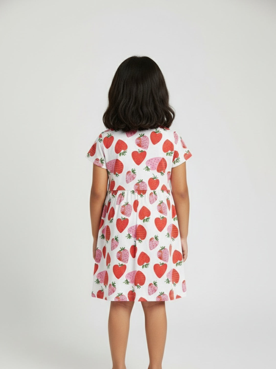 Vestido de niña Biglilpeople con estampado de fresas, manga corta, largo hasta la rodilla, corte en A