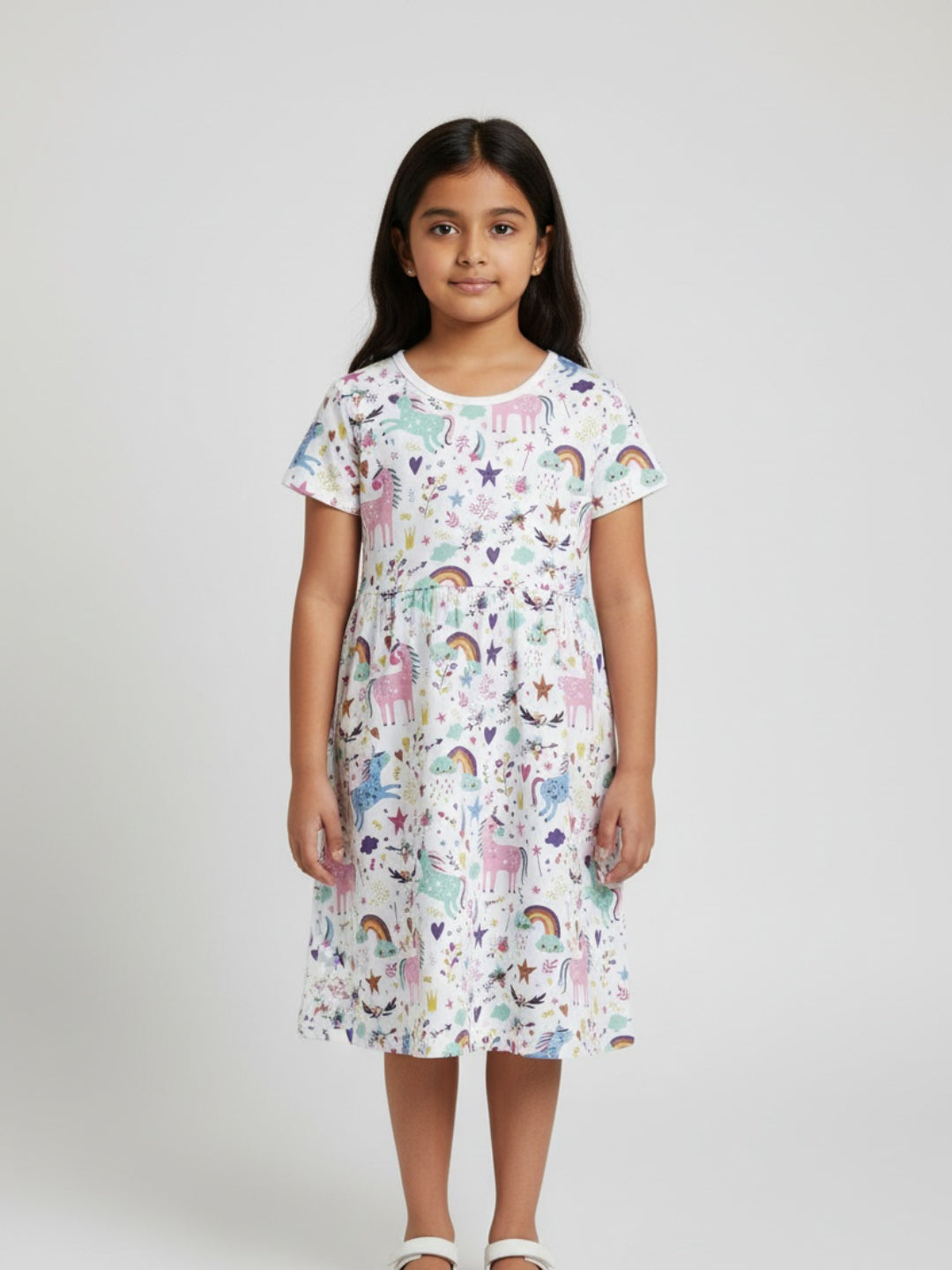 Biglilpeople Girls Unicorn Print Short Sleeves Knee Length A-Line Dress