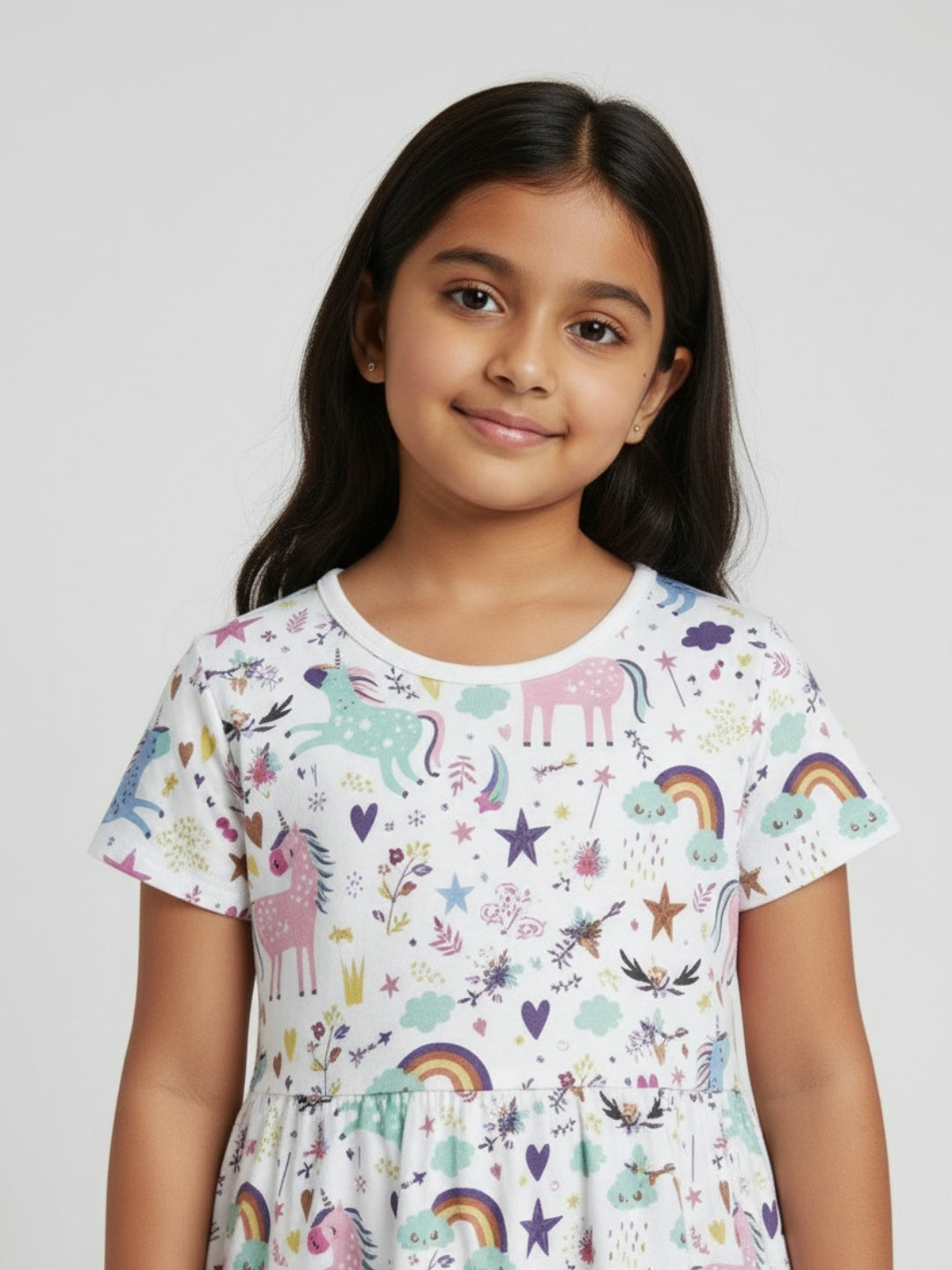 Biglilpeople Girls Unicorn Print Short Sleeves Knee Length A-Line Dress