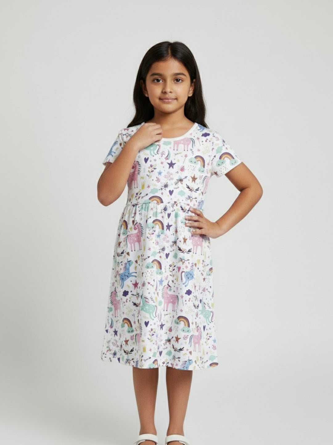 Biglilpeople Girls Unicorn Print Short Sleeves Knee Length A-Line Dress