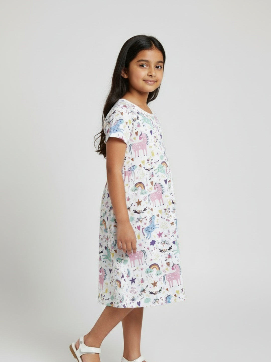 Biglilpeople Girls Unicorn Print Short Sleeves Knee Length A-Line Dress