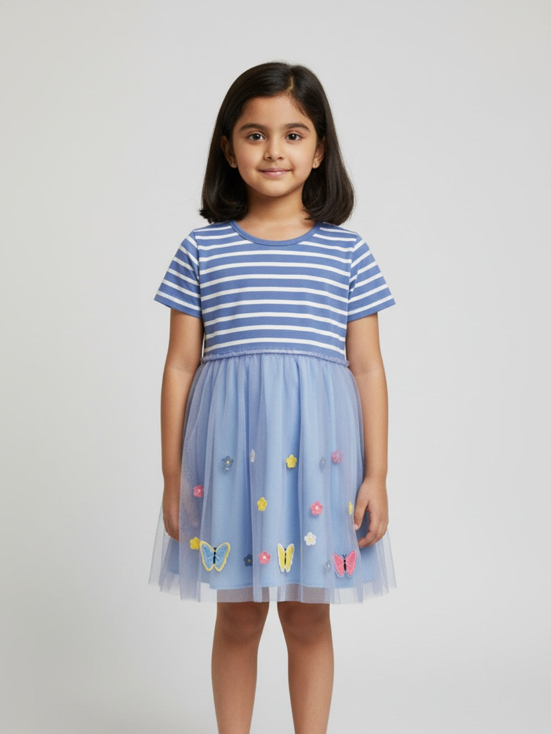 Vestido acampanado a rayas y de malla hasta la rodilla con manga corta para niña Biglilpeople