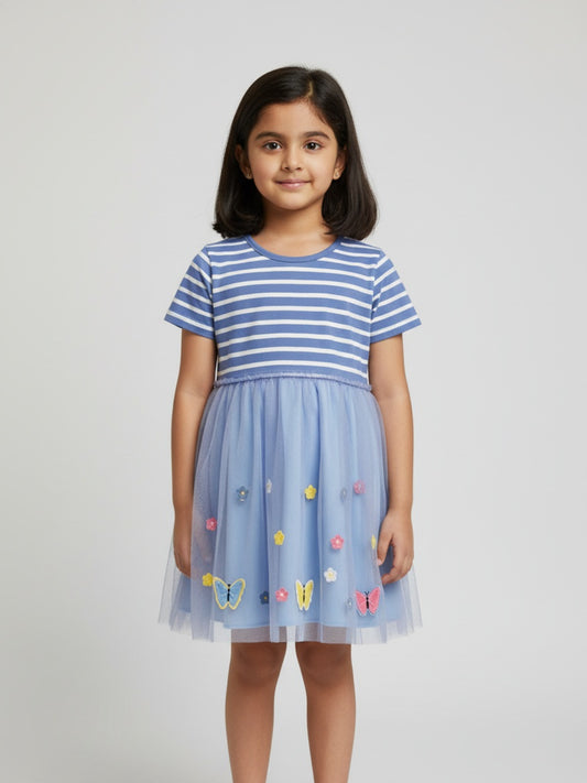 Biglilpeople Girls Striped & Net Short Sleeves Knee Length A-Line Dress