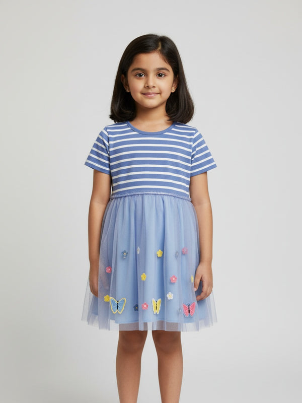 Vestido acampanado a rayas y de malla hasta la rodilla con manga corta para niña Biglilpeople