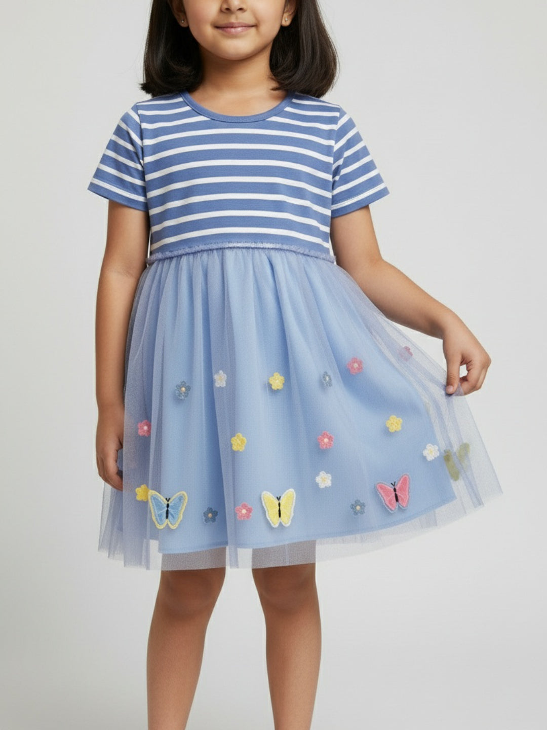 Vestido acampanado a rayas y de malla hasta la rodilla con manga corta para niña Biglilpeople