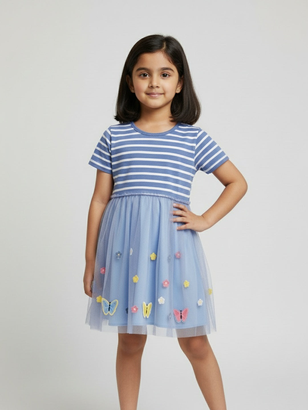 Vestido acampanado a rayas y de malla hasta la rodilla con manga corta para niña Biglilpeople