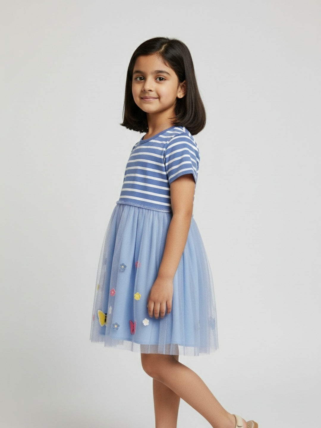 Vestido acampanado a rayas y de malla hasta la rodilla con manga corta para niña Biglilpeople