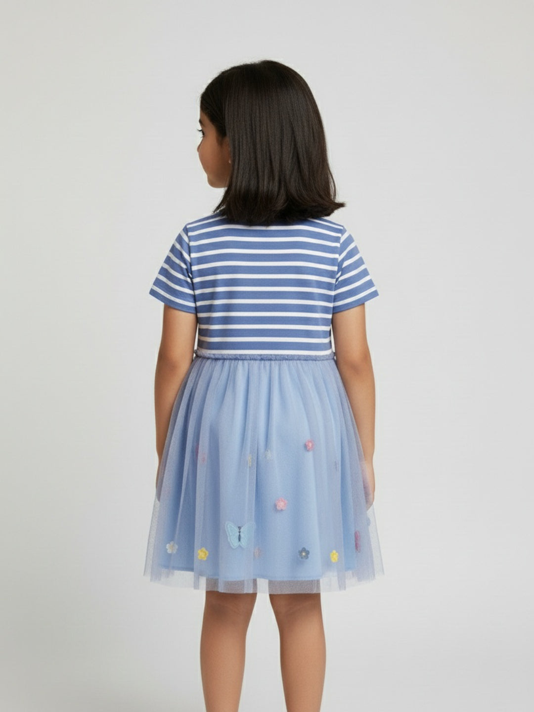 Vestido acampanado a rayas y de malla hasta la rodilla con manga corta para niña Biglilpeople