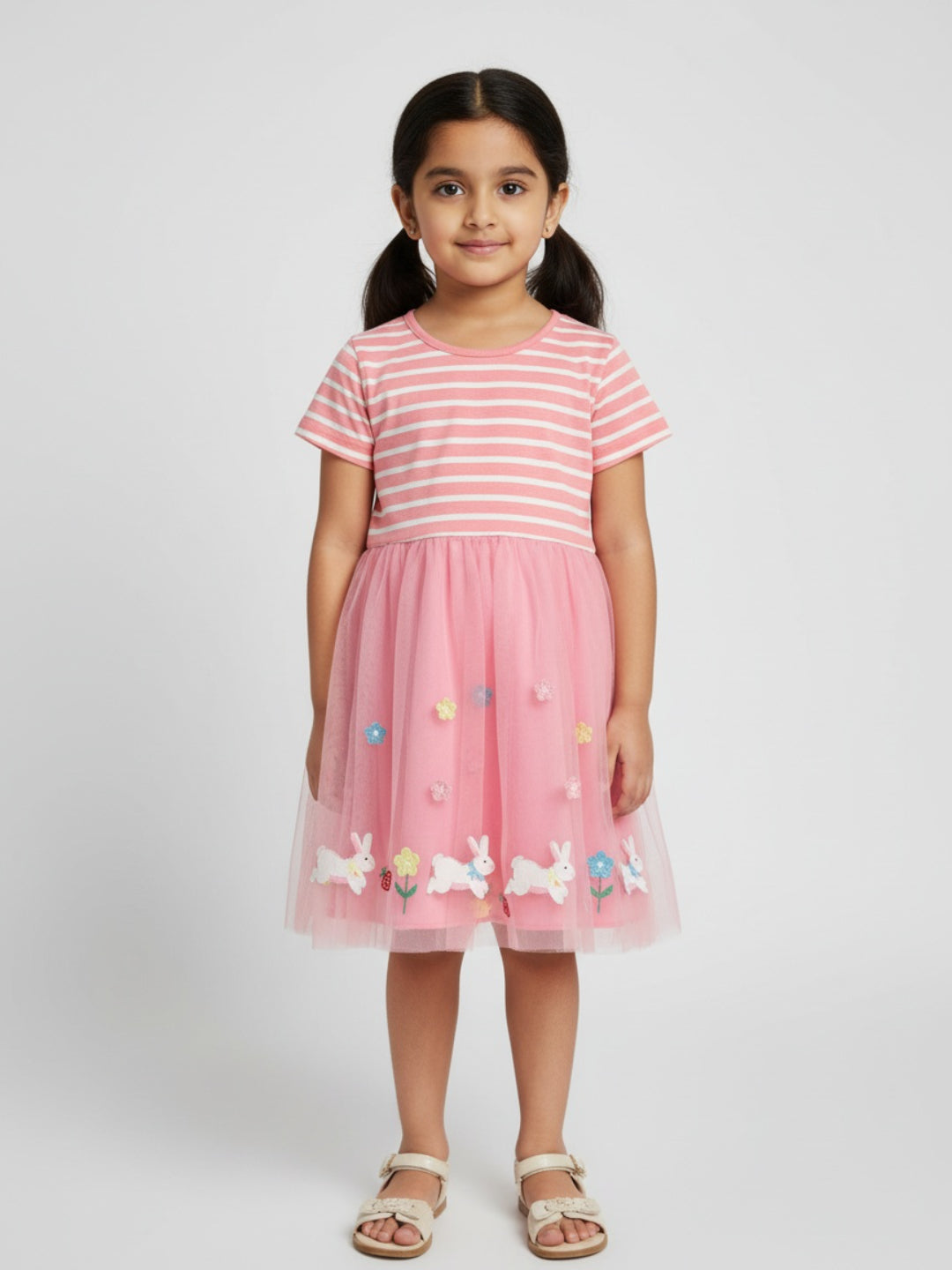 Biglilpeople Girls Striped & Embroidered Short Sleeves Knee Length A-Line Dress