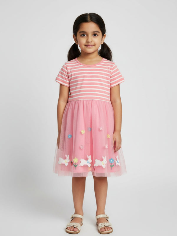 Biglilpeople - Vestido acampanado a la rodilla de manga corta a rayas y bordado para niñas