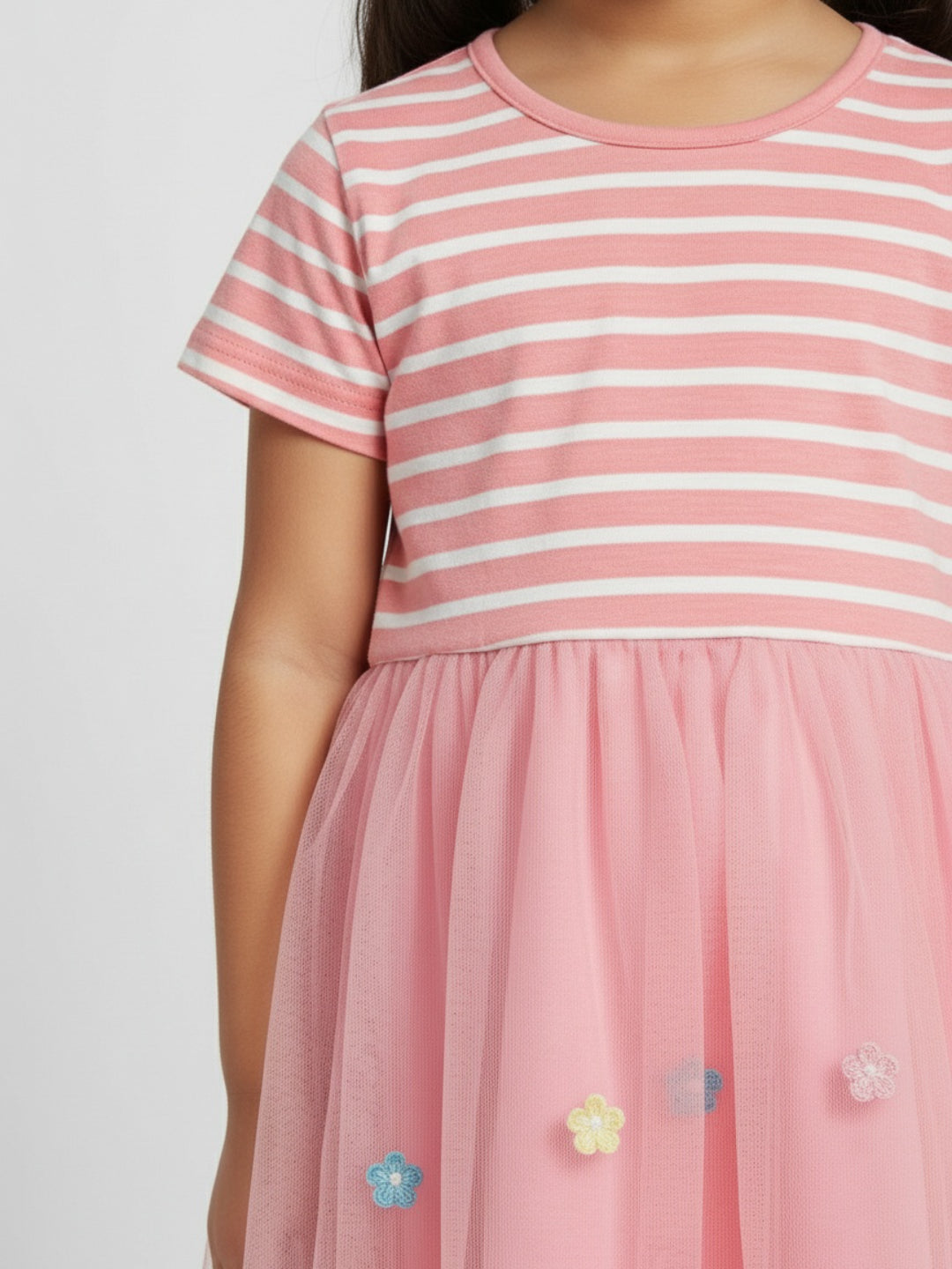Biglilpeople Girls Striped & Embroidered Short Sleeves Knee Length A-Line Dress