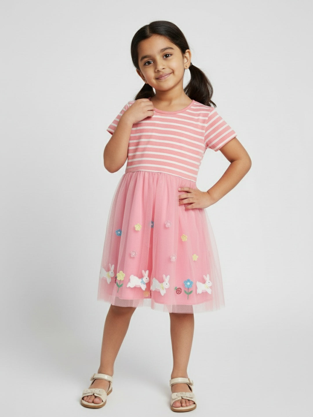 Biglilpeople Girls Striped & Embroidered Short Sleeves Knee Length A-Line Dress