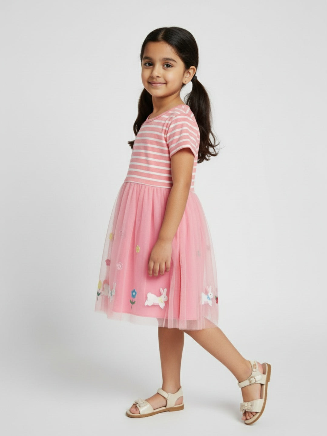 Biglilpeople Girls Striped & Embroidered Short Sleeves Knee Length A-Line Dress