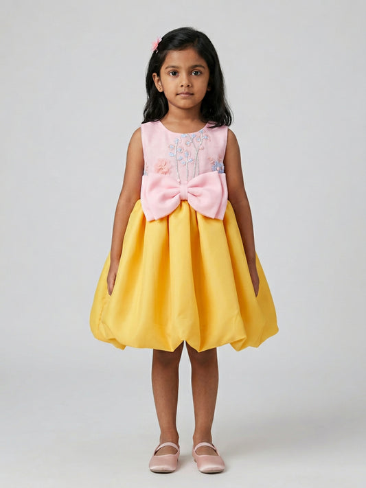 Biglilpeople Girls Multicolour Color-Blocked Bow Round Neck Sleeveless Fit & Flare Dress