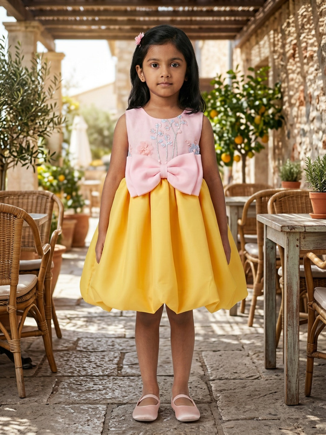 Biglilpeople Girls Multicolour Color-Blocked Bow Round Neck Sleeveless Fit & Flare Dress