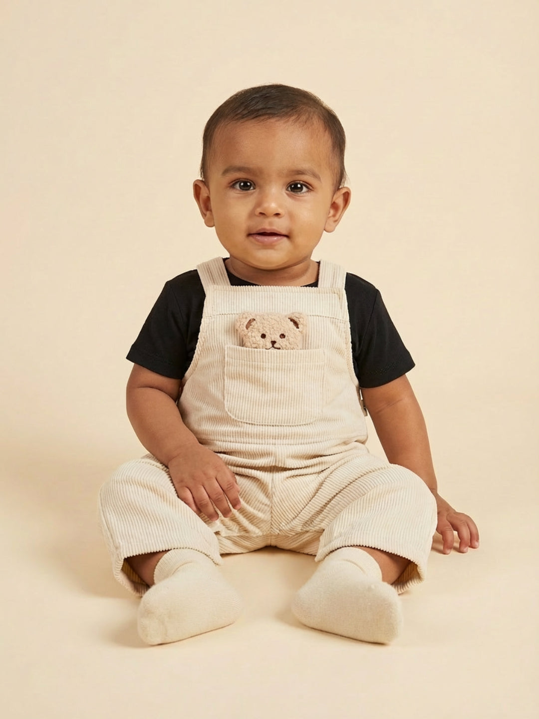 Biglilpeople Boys Beige Square Neck Sleeveless Dungaree