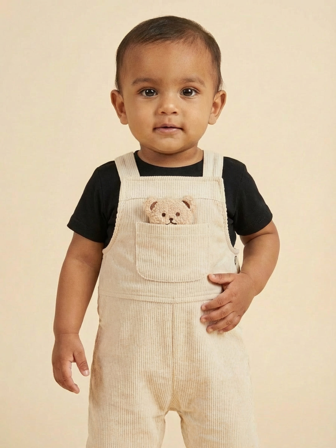 Biglilpeople Boys Beige Square Neck Sleeveless Dungaree