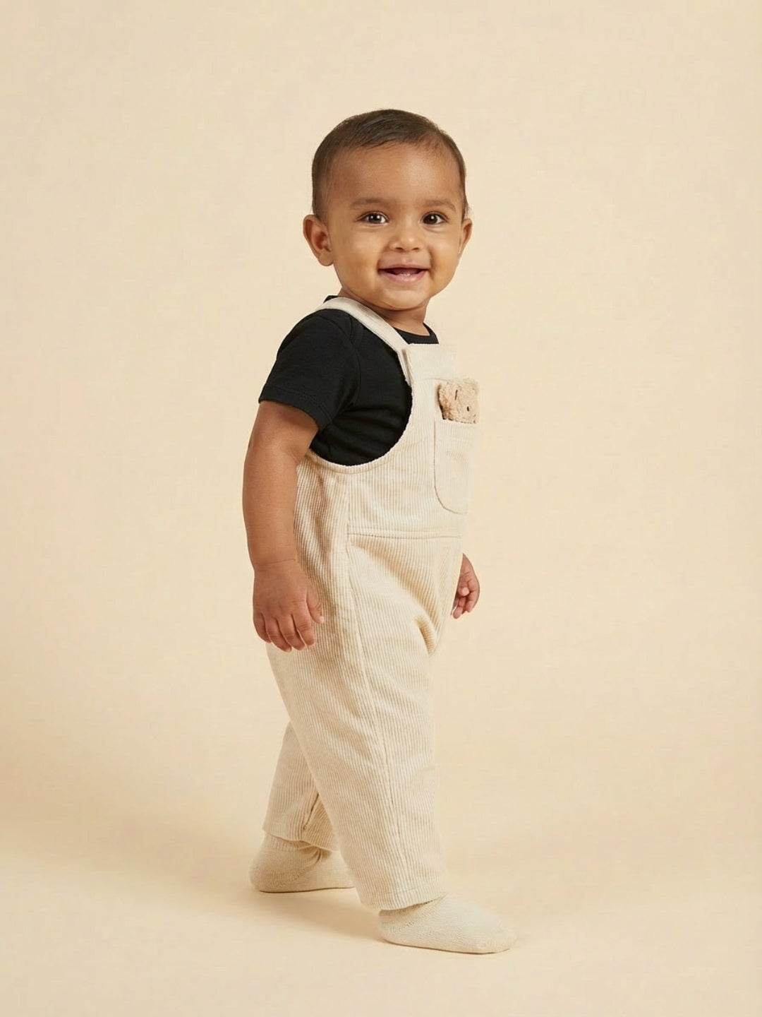 Biglilpeople Boys Beige Square Neck Sleeveless Dungaree