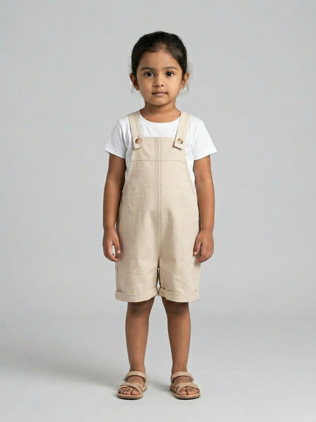 Child wearing beige overalls and a white shirt on a gray background