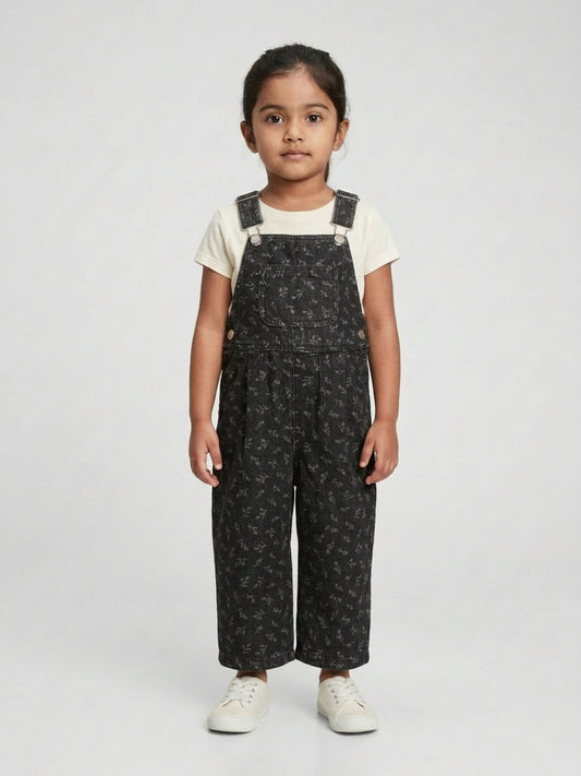 Biglilpeople Girls Black Floral Print Square Neck Sleeveless Dungaree