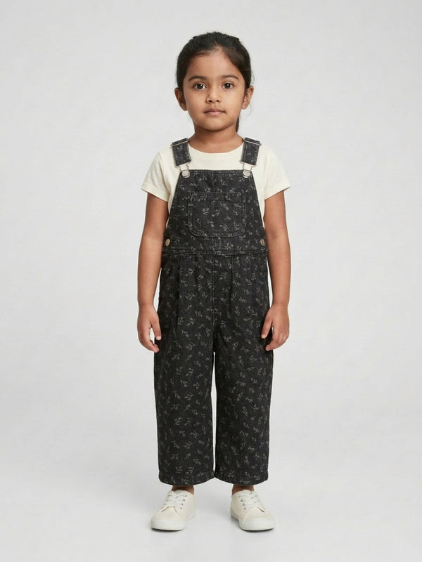 Biglilpeople Girls Black Floral Print Square Neck Sleeveless Dungaree