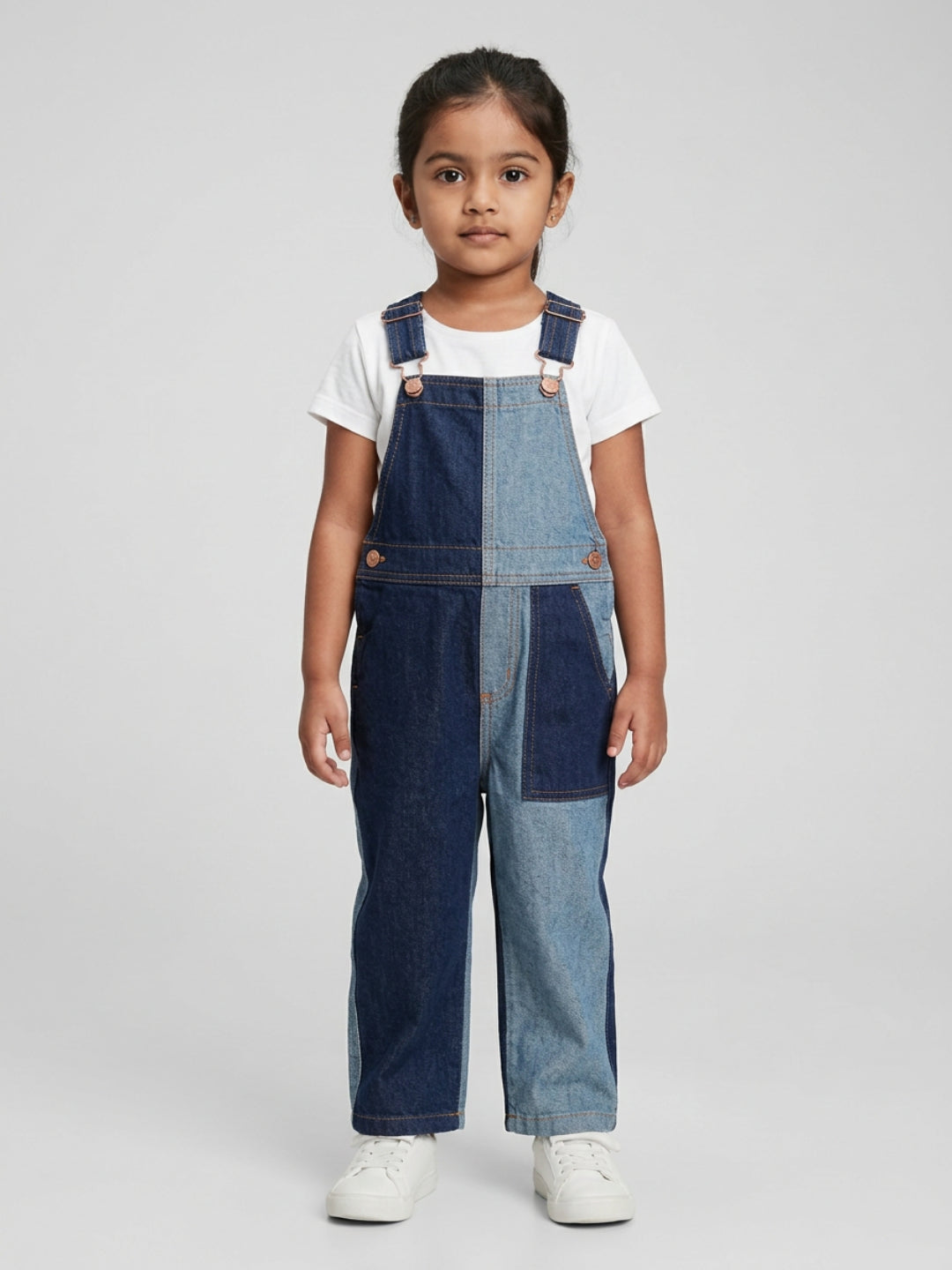 Biglilpeople Girls Blue Color-Blocked Square Neck Sleeveless Dungaree