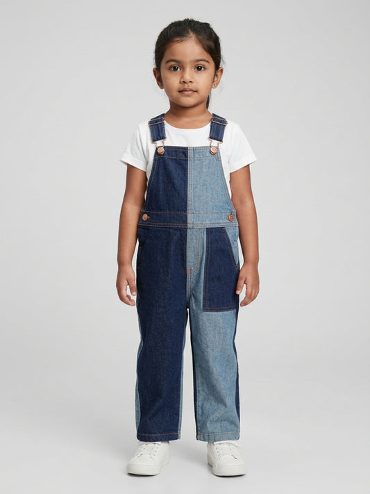 Biglilpeople Girls Blue Color-Blocked Square Neck Sleeveless Dungaree